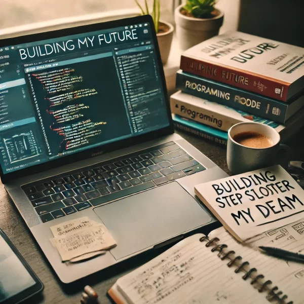 "A cozy desk setup with notebooks, programming books, and a laptop, symbolizing the journey of learning and growth in coding. The image represents a student’s determination to overcome challenges and build a future in software development."
